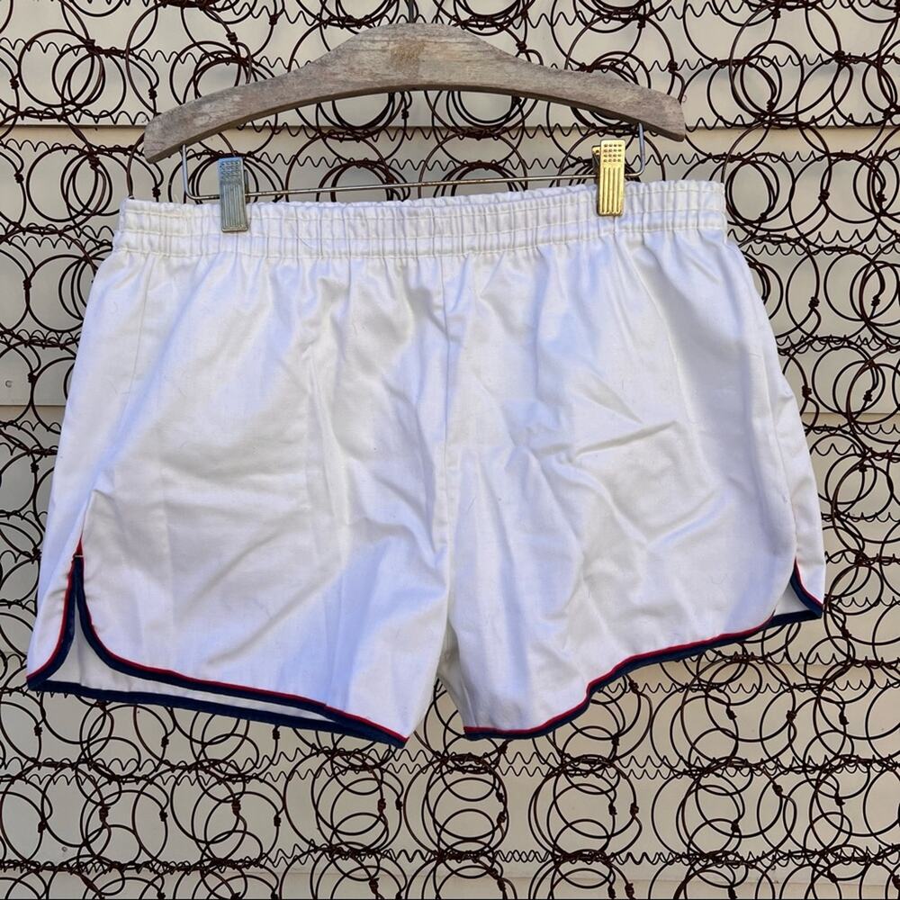 Vintage white with red and blue trim shorty basketball shorts LARGE